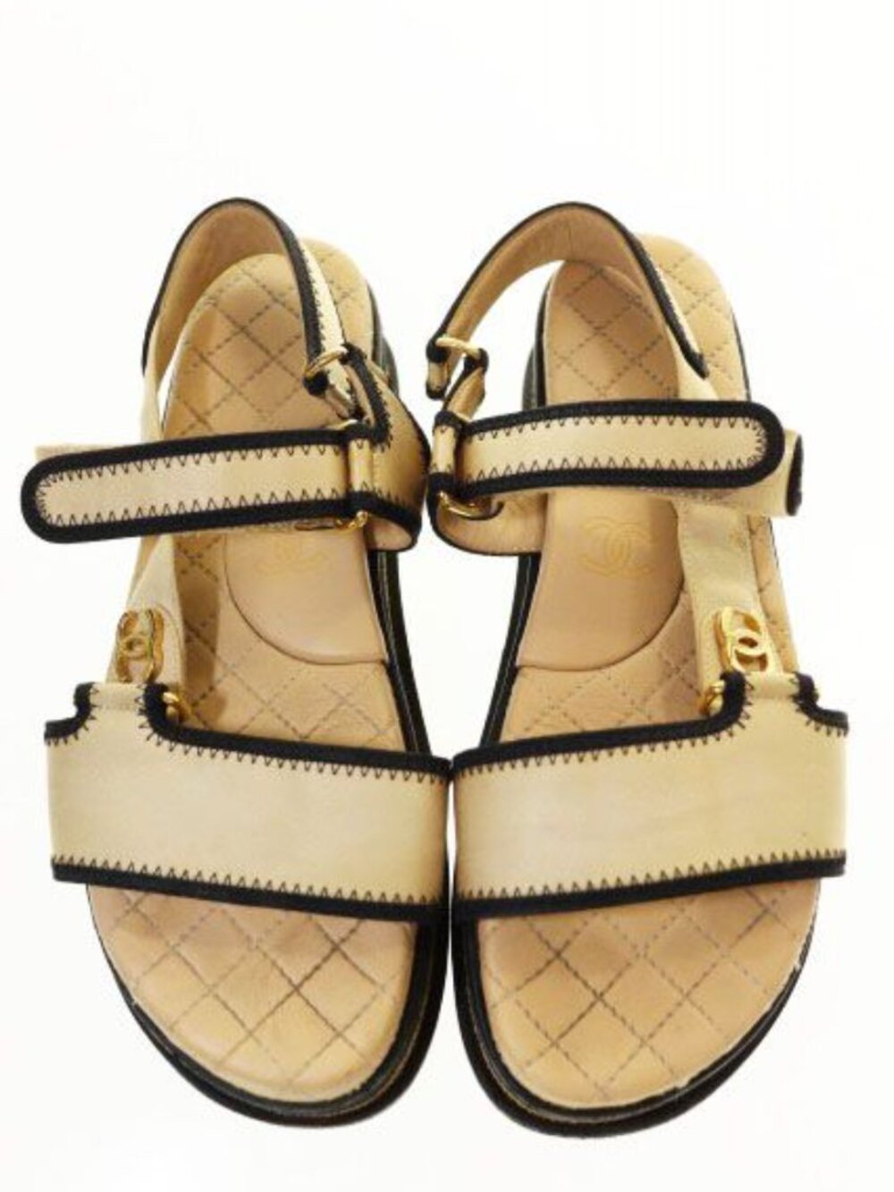 Chanel CC Logo Sports Sandals Satin Leather Beige - Picture 2 of 9